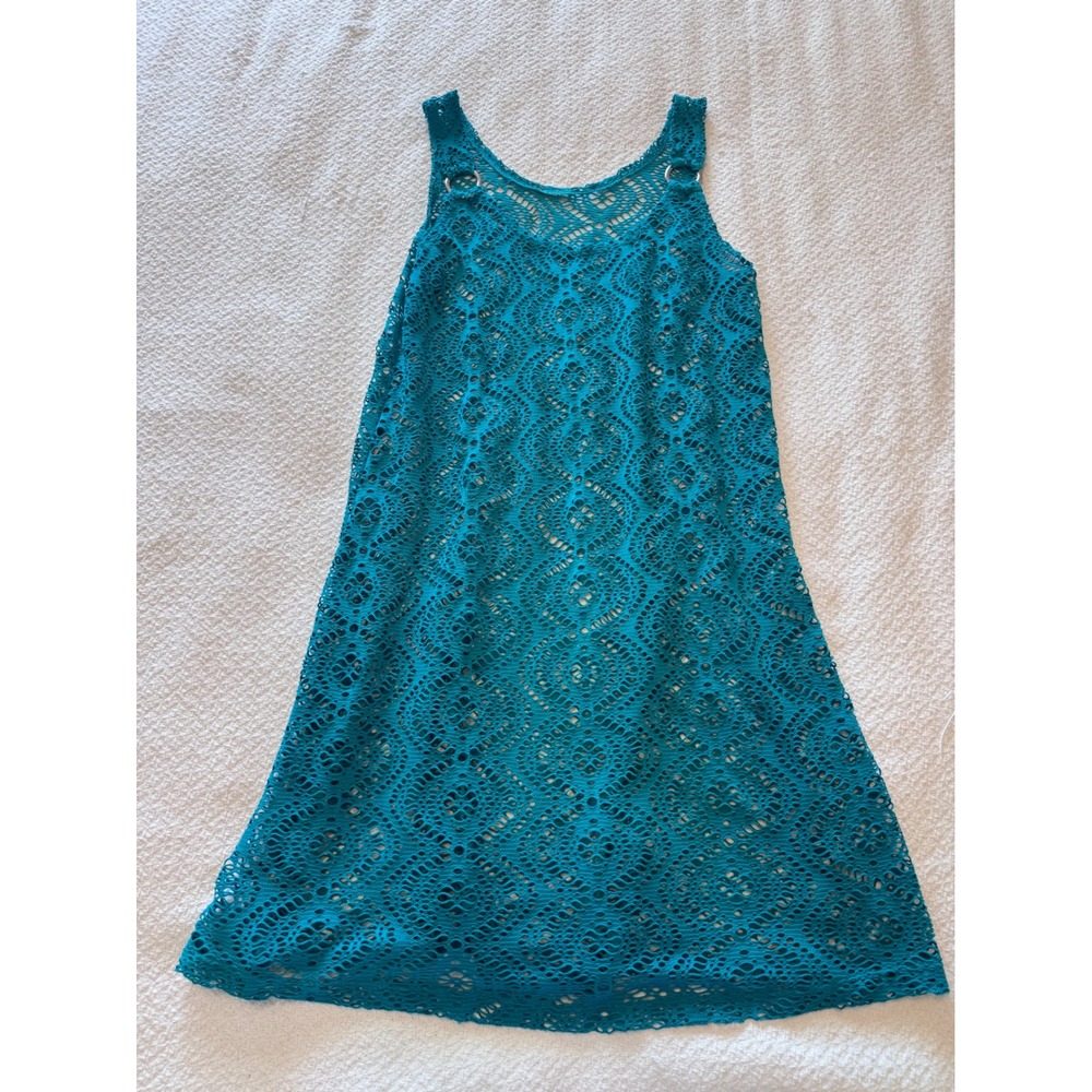 Teal Crochet Lace Mini Dress Sleeveless Ring Shoulder Boho Coverup Shift